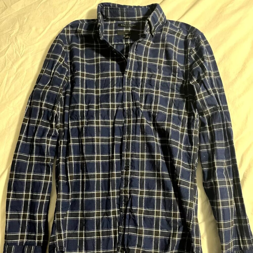 Banana Republic Non-Iron Slim Fit Flannel Blue and Black Shirt - XS